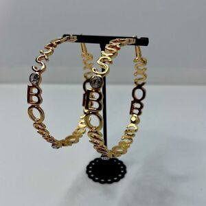 Gold plated “BOSS” hoop earrings for women with stones 3”